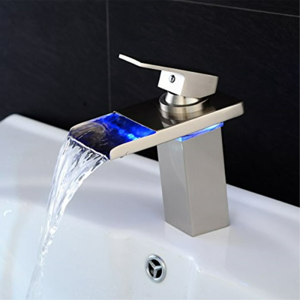 LED Waterfall Brushed Nickel Single Handle Bathroom Sink Faucet Basin Mixer Tap 